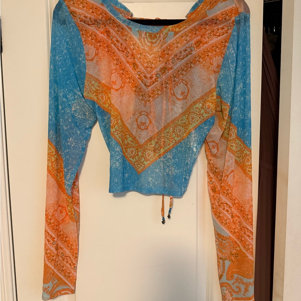Free People Vibrant Orange and Blue Blouse